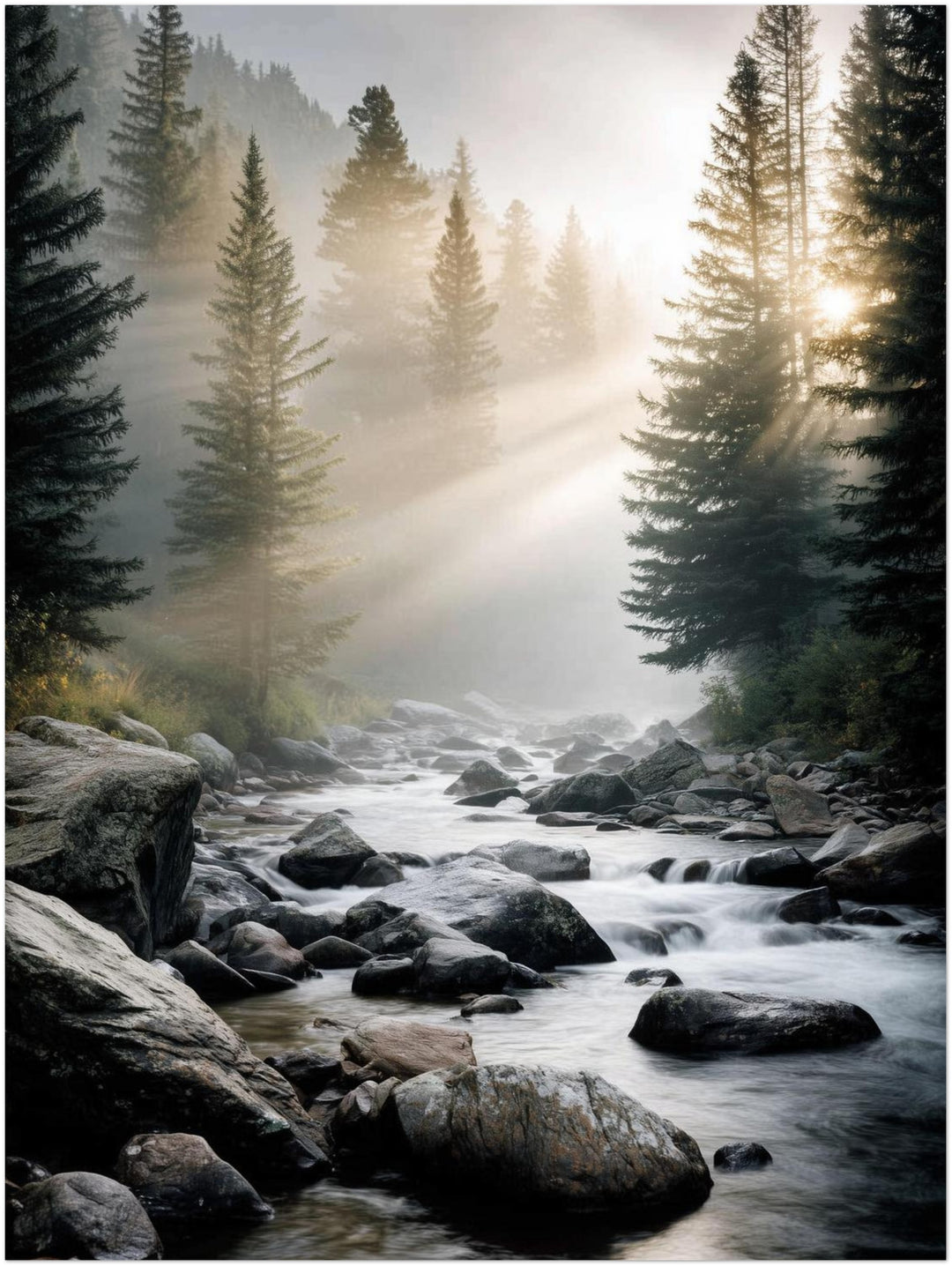 Bach im Morgennebel Landschaft – Wandkunst