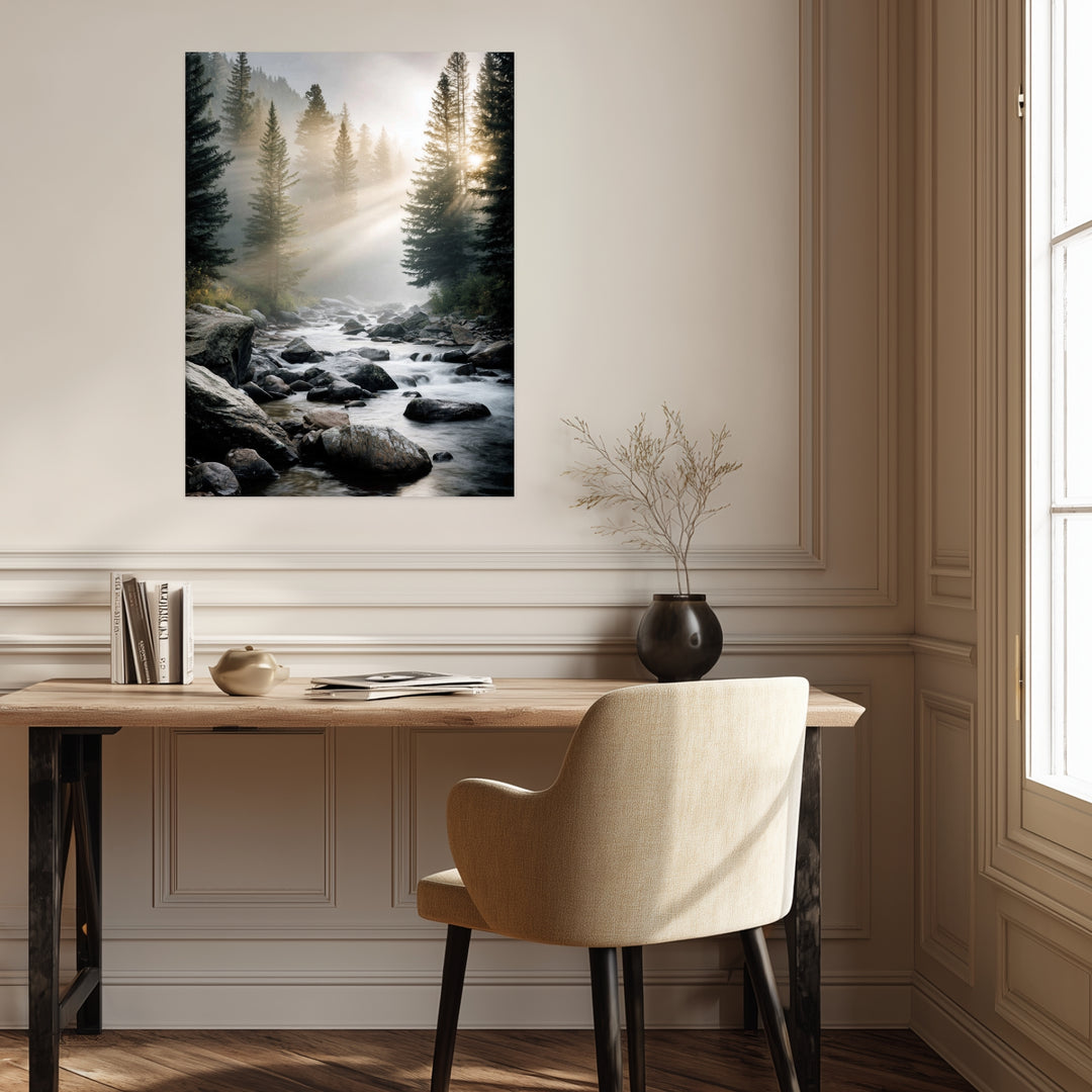 Bach im Morgennebel Leinwandbild Landschaft – Leinwand auf Holzrahmen – Ansicht 3
