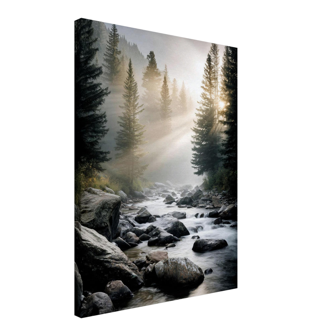 Bach im Morgennebel Leinwandbild Landschaft – Leinwand auf Holzrahmen – Ansicht 2