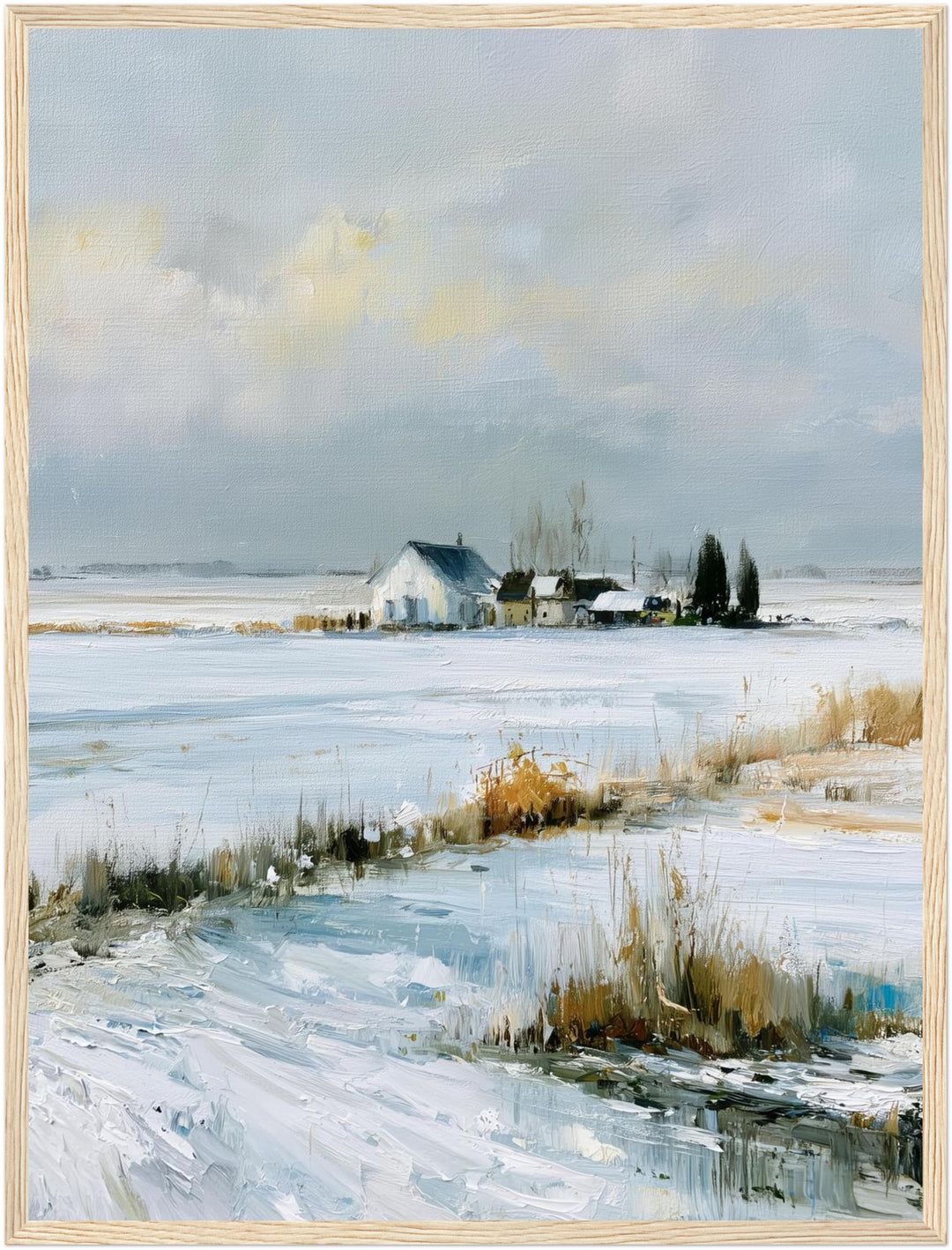Stille Winterfelder im Schnee Poster – Holz natur Rahmen – Produktfoto