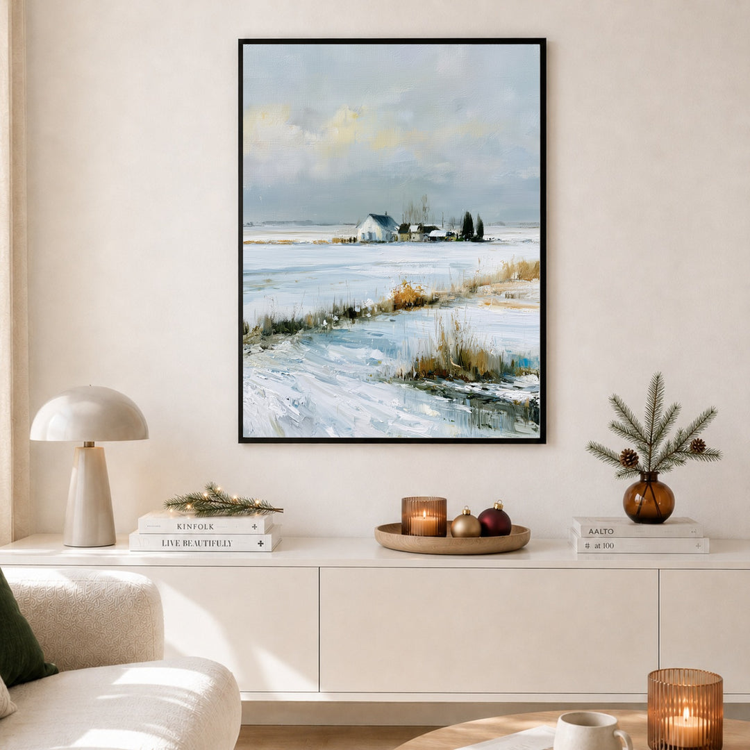 Stille Winterfelder im Schnee Poster – Schwarzer Rahmen – Produktfoto