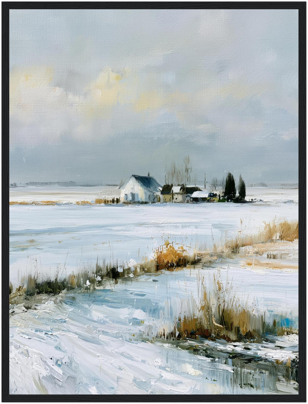 Stille Winterfelder im Schnee Poster – Schwarzer Rahmen – Produktfoto