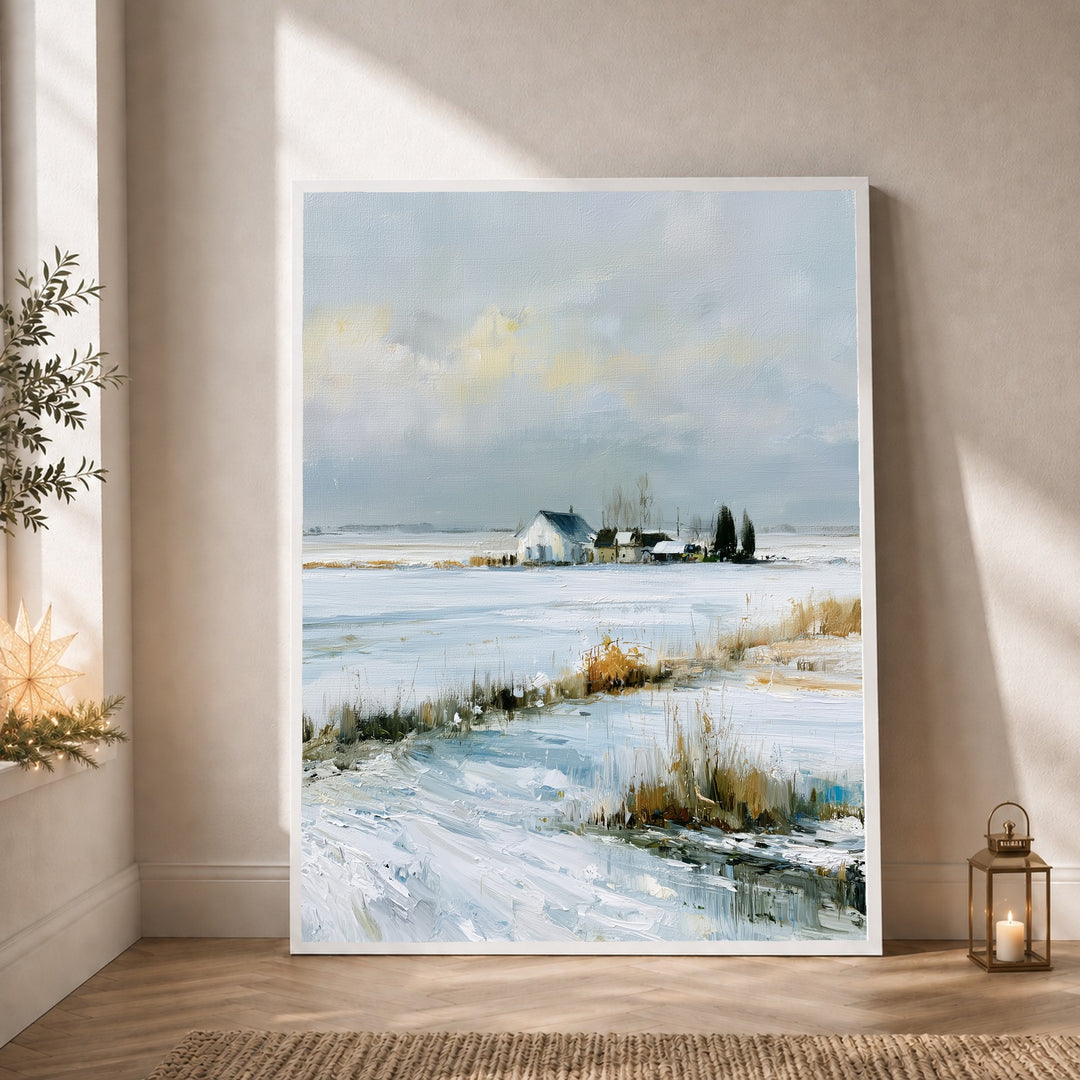 Stille Winterfelder im Schnee Poster – Weißer Rahmen – Produktfoto