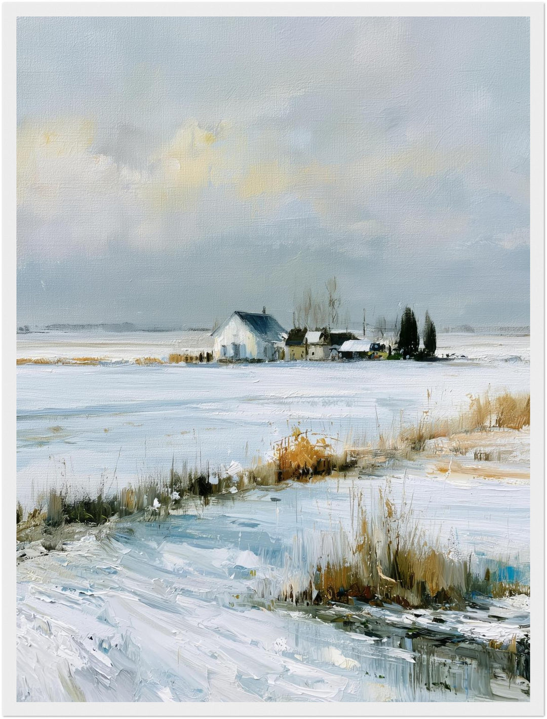 Stille Winterfelder im Schnee Poster – Weißer Rahmen – Produktfoto