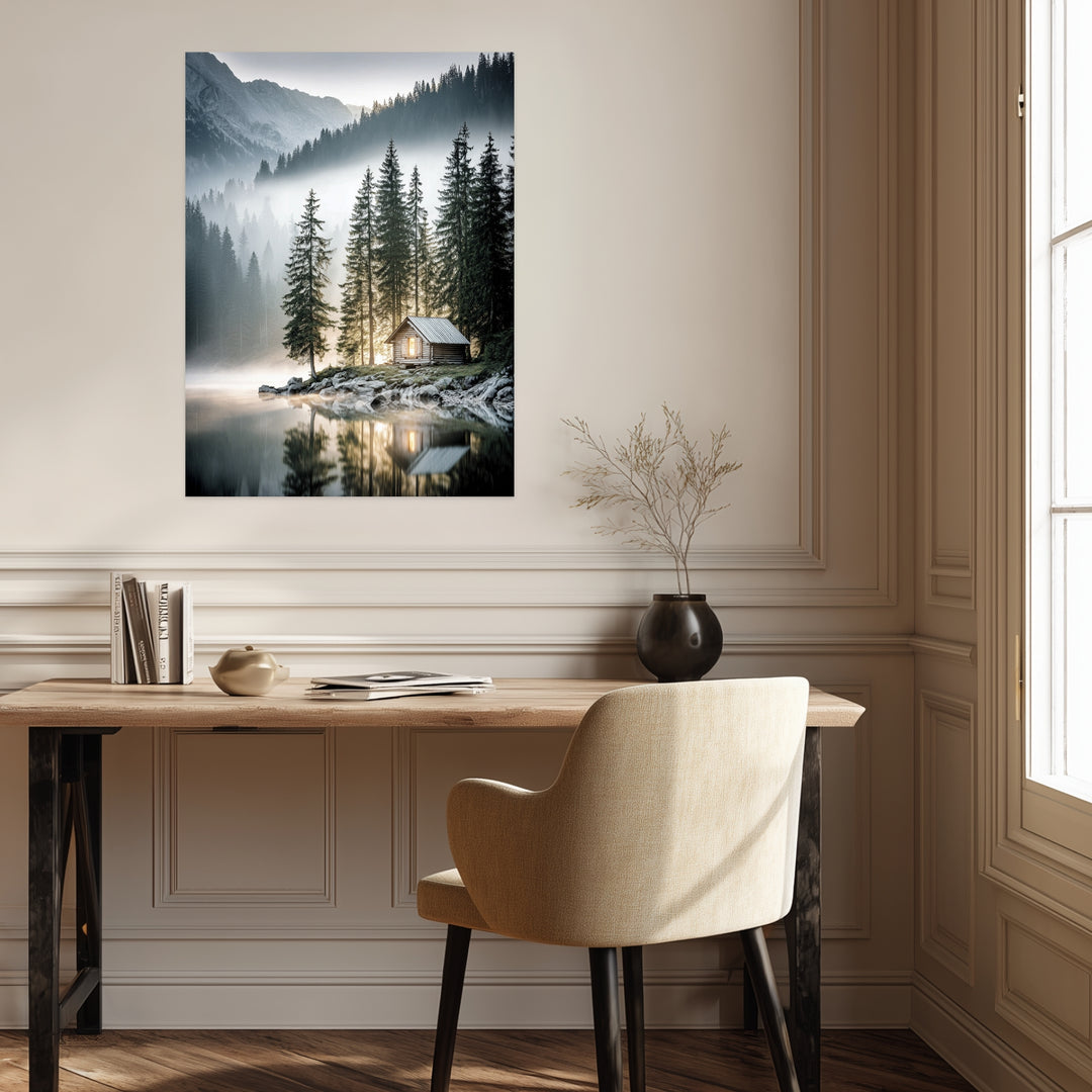 Berghütte im Morgennebel Leinwandbild Landschaft – Leinwand auf Holzrahmen – Ansicht 3