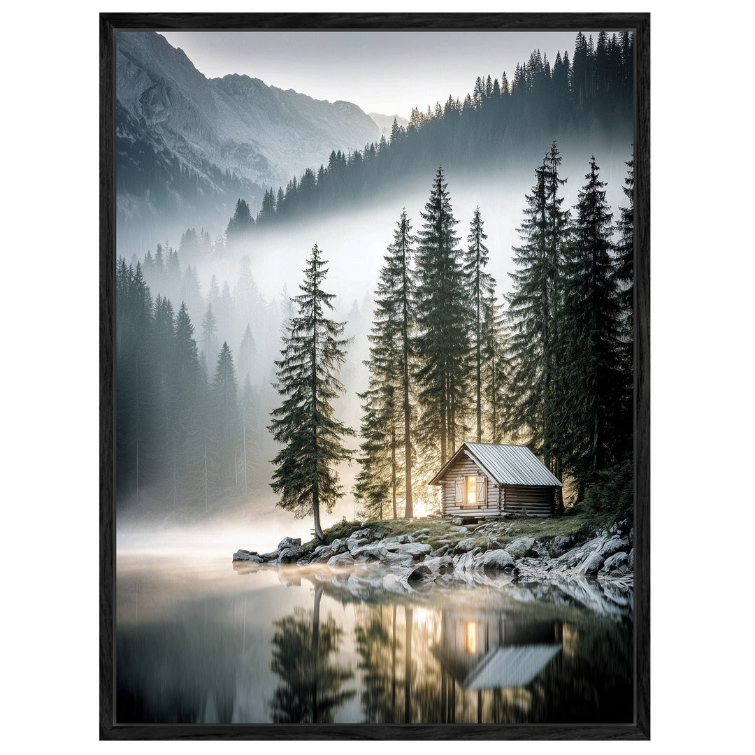 Berghütte im Morgennebel Leinwandbild Landschaft – Leinwand auf Holzrahmen – Ansicht 4