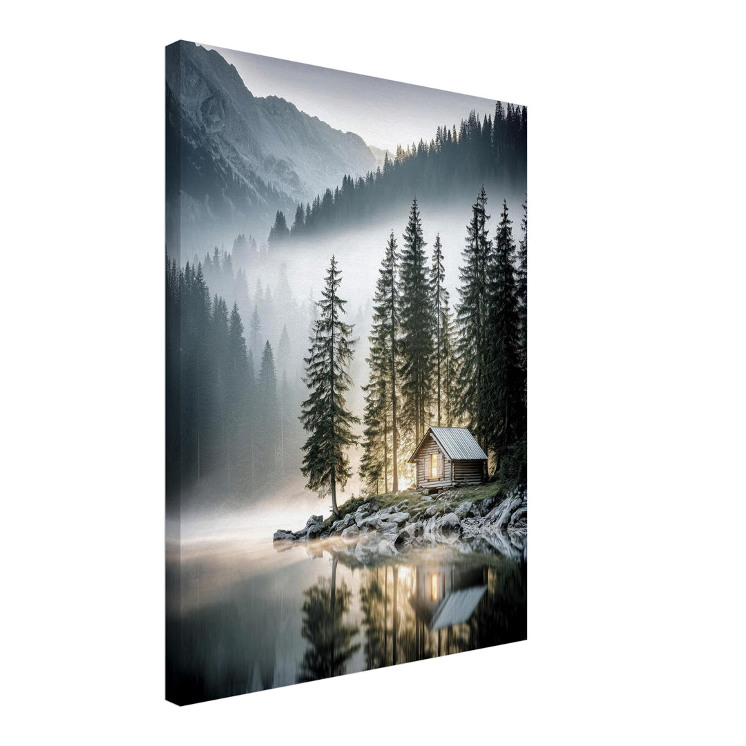 Berghütte im Morgennebel Leinwandbild Landschaft – Leinwand auf Holzrahmen – Ansicht 2
