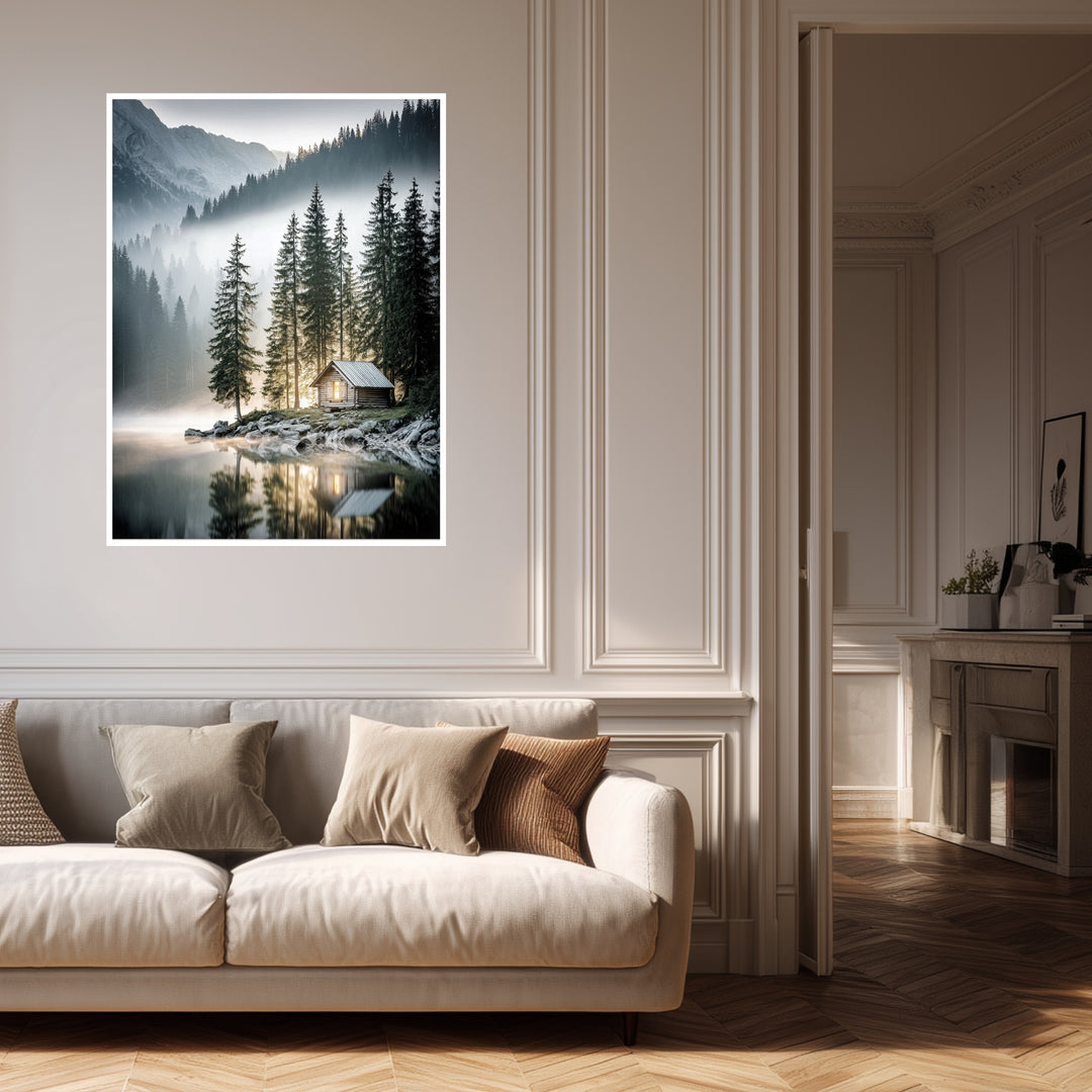 Berghütte im Morgennebel Poster Landschaft – mattes Kunstdruck-Papier – Ansicht 4