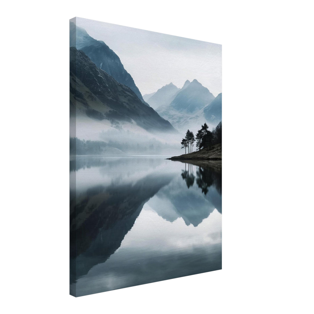 Bergsee im Nebel Leinwandbild Landschaft – Leinwand auf Holzrahmen – Ansicht 2