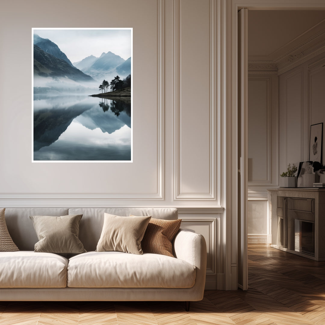 Bergsee im Nebel Poster Landschaft – mattes Kunstdruck-Papier – Ansicht 4