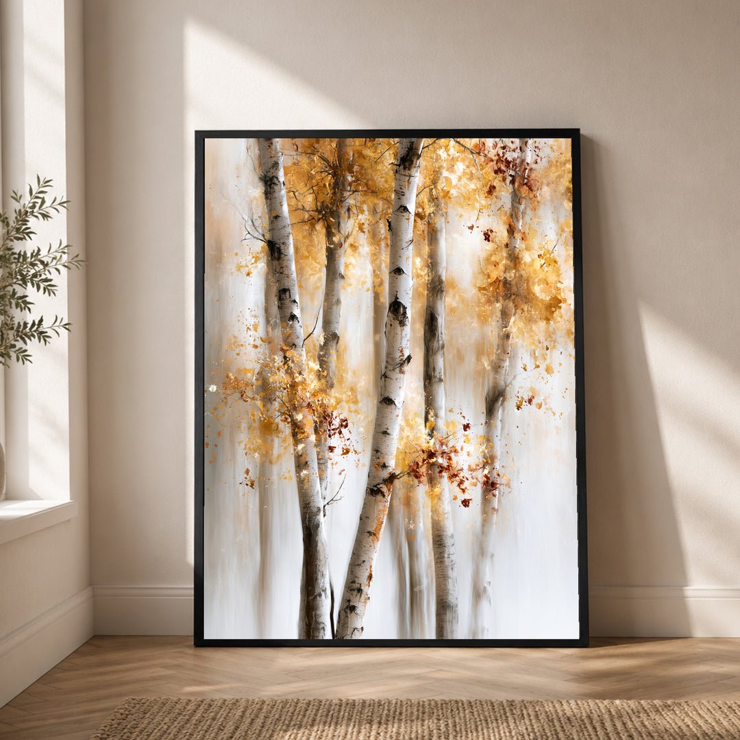 Birken im Herbstlicht Poster – Schwarzer Rahmen – Produktfoto