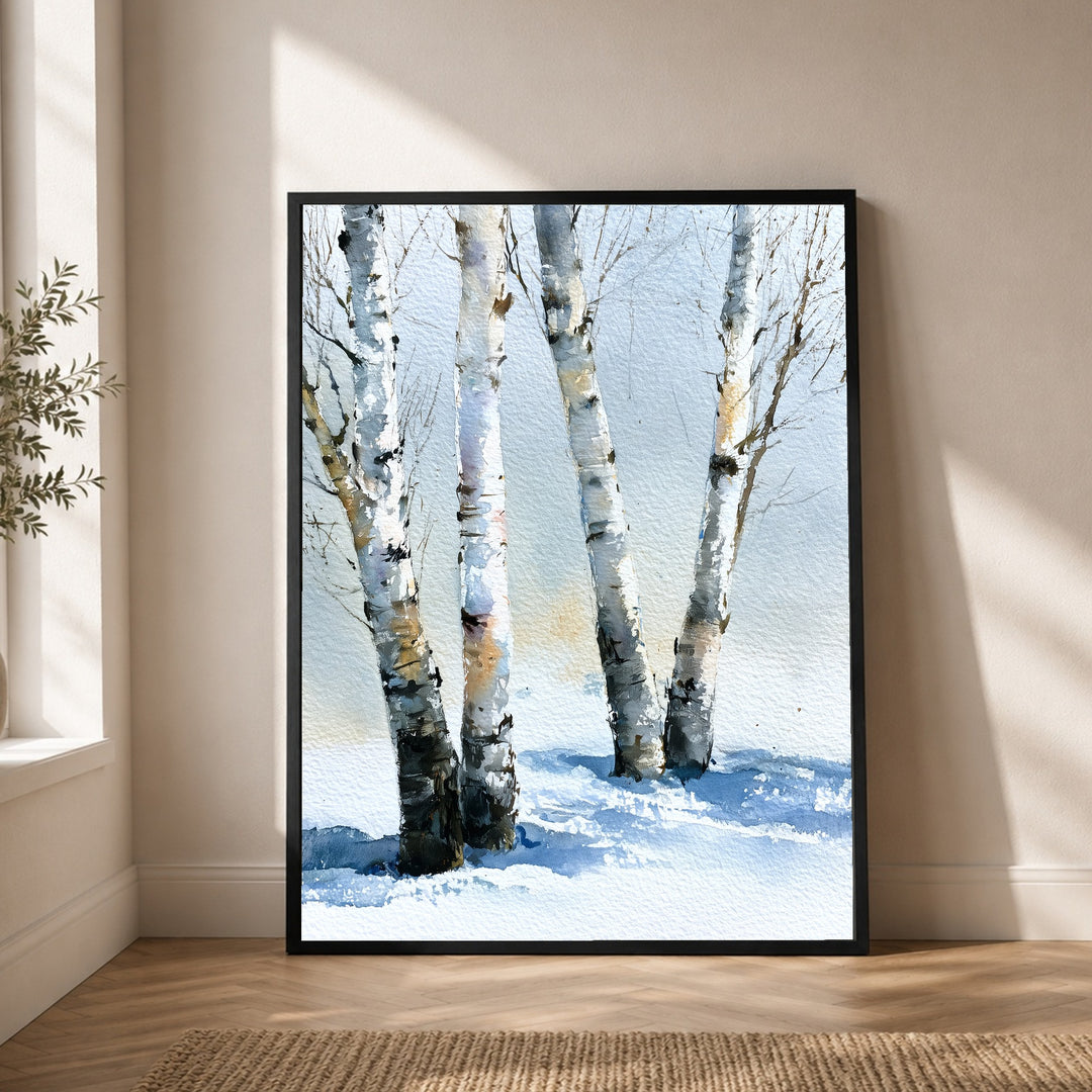 Birken im Winterschnee Poster – Schwarzer Rahmen – Produktfoto
