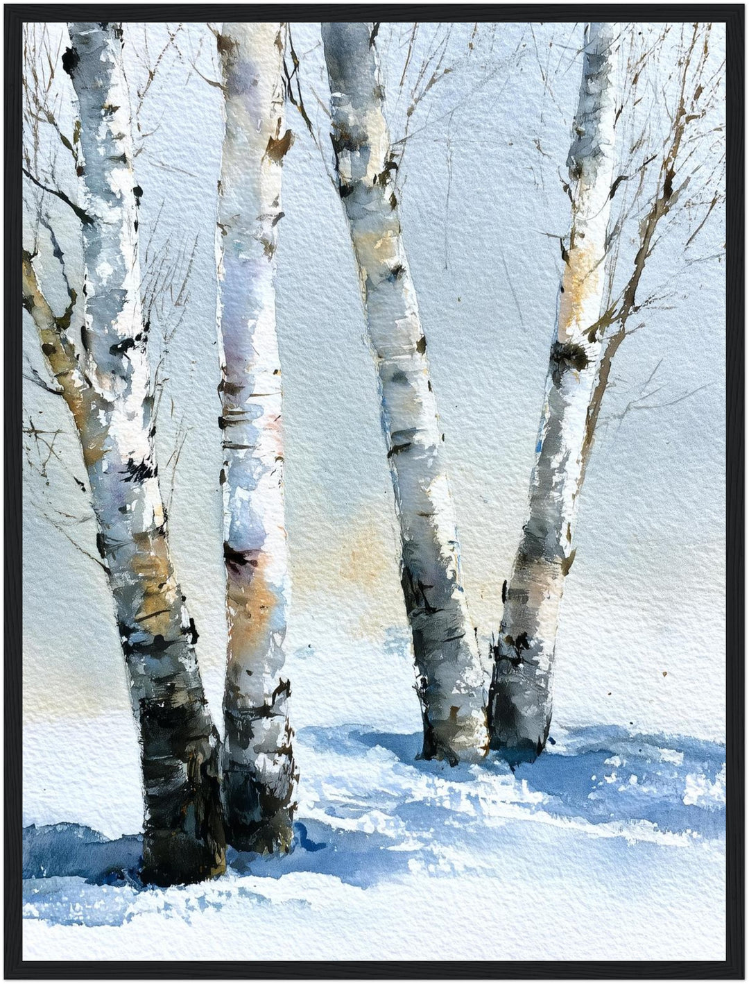 Birken im Winterschnee Poster – Schwarzer Rahmen – Produktfoto