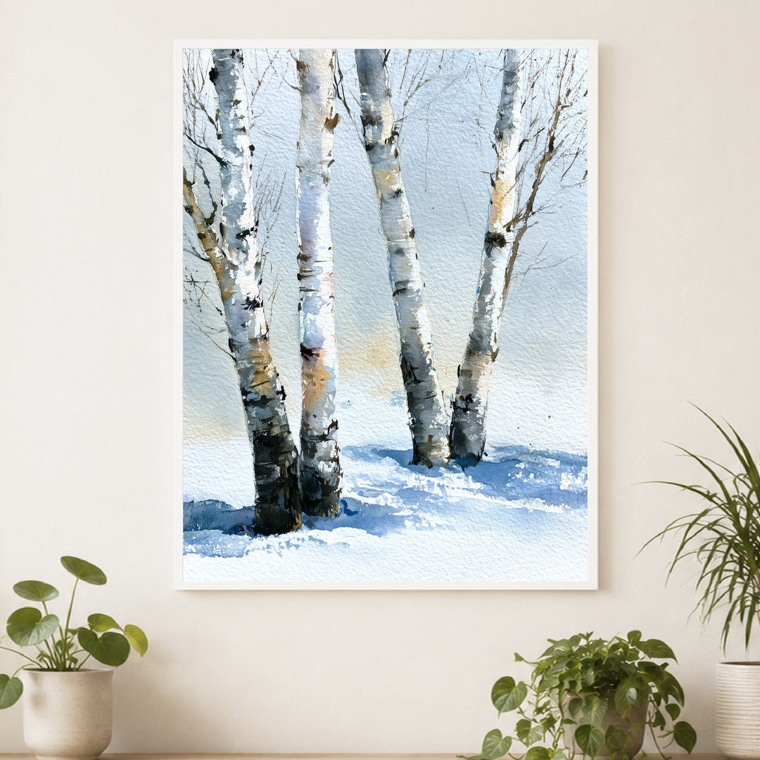 Birken im Winterschnee Poster – Weißer Rahmen – Produktfoto