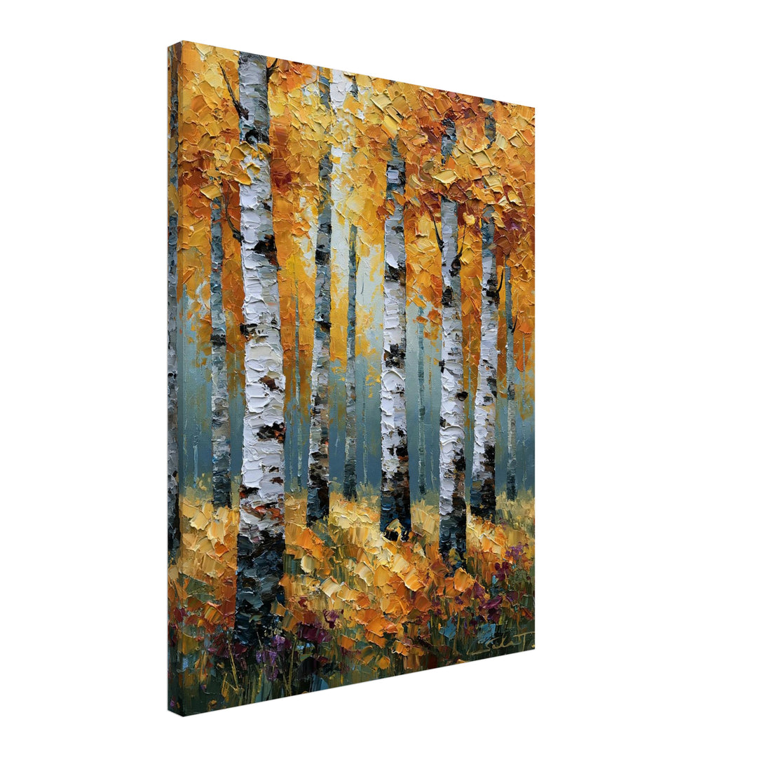 Goldener Birkenwald im Herbst Leinwandbild – Schräge Ansicht – Produktfoto