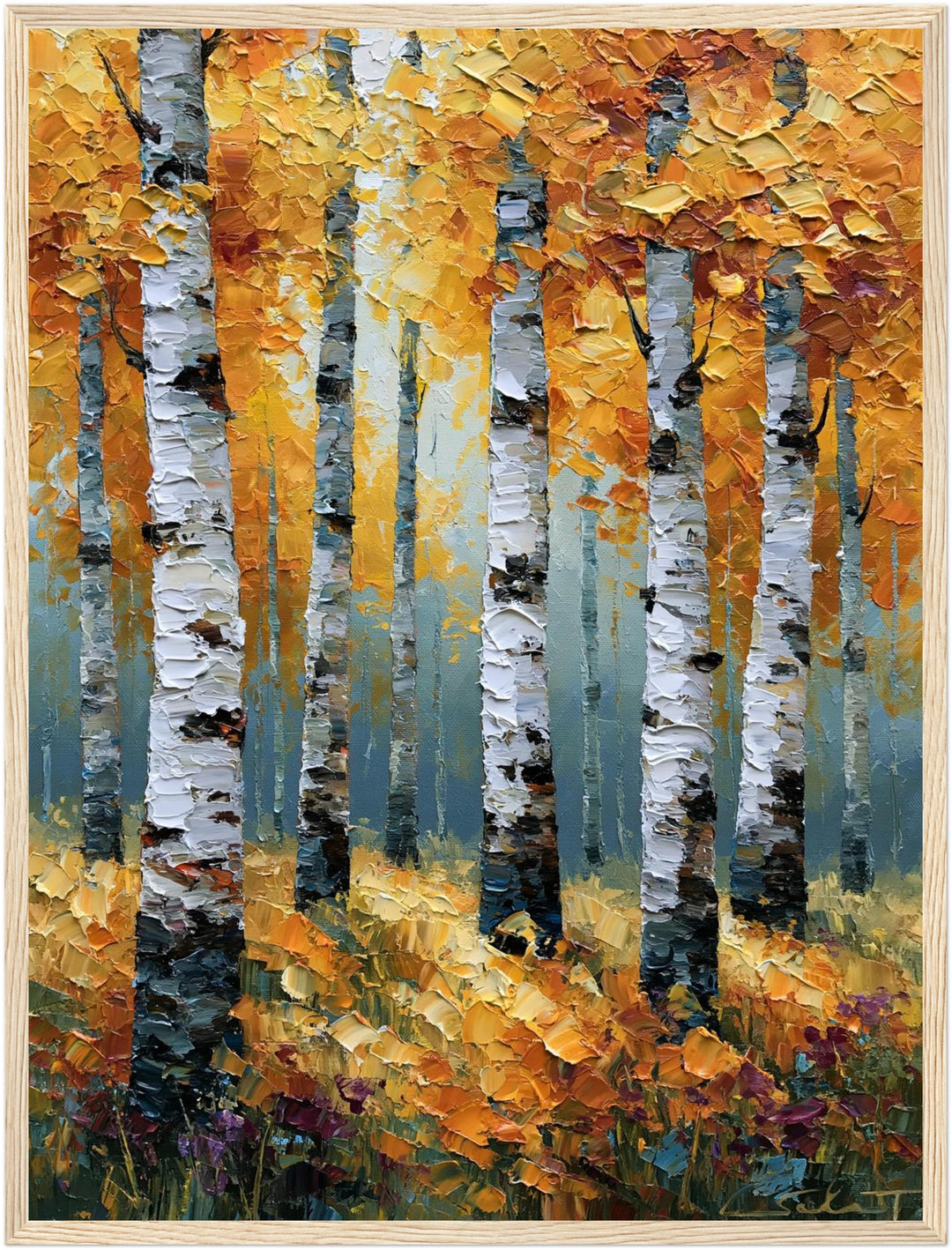 Goldener Birkenwald im Herbst Poster – Holz natur Rahmen – Produktfoto