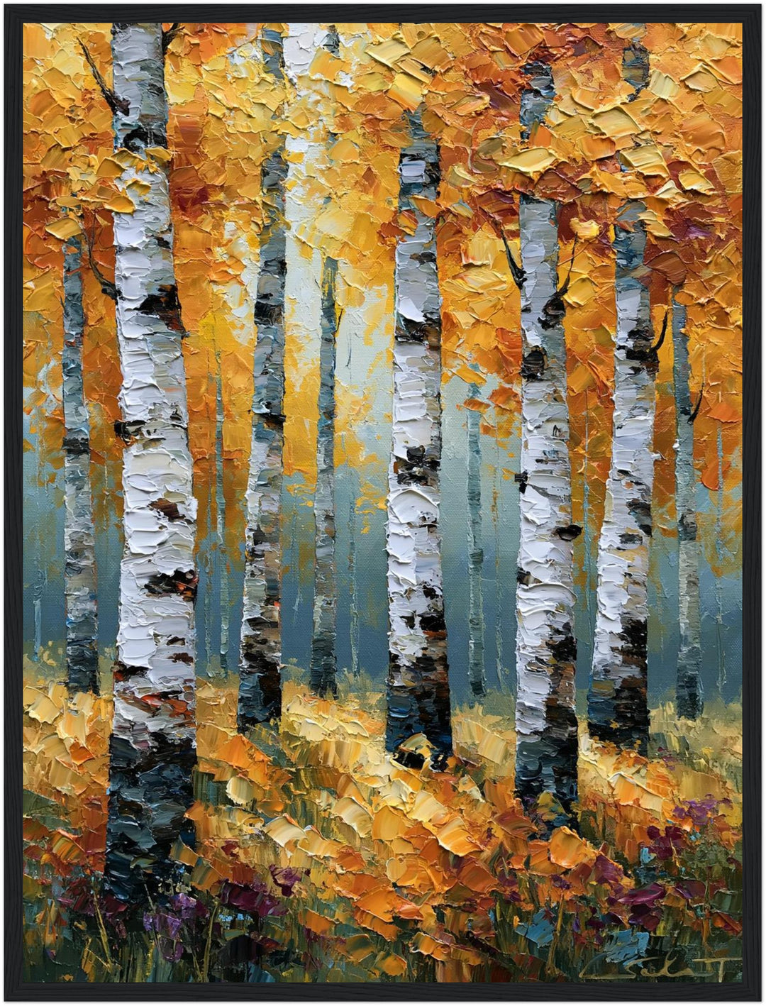 Goldener Birkenwald im Herbst Poster – Schwarzer Rahmen – Produktfoto