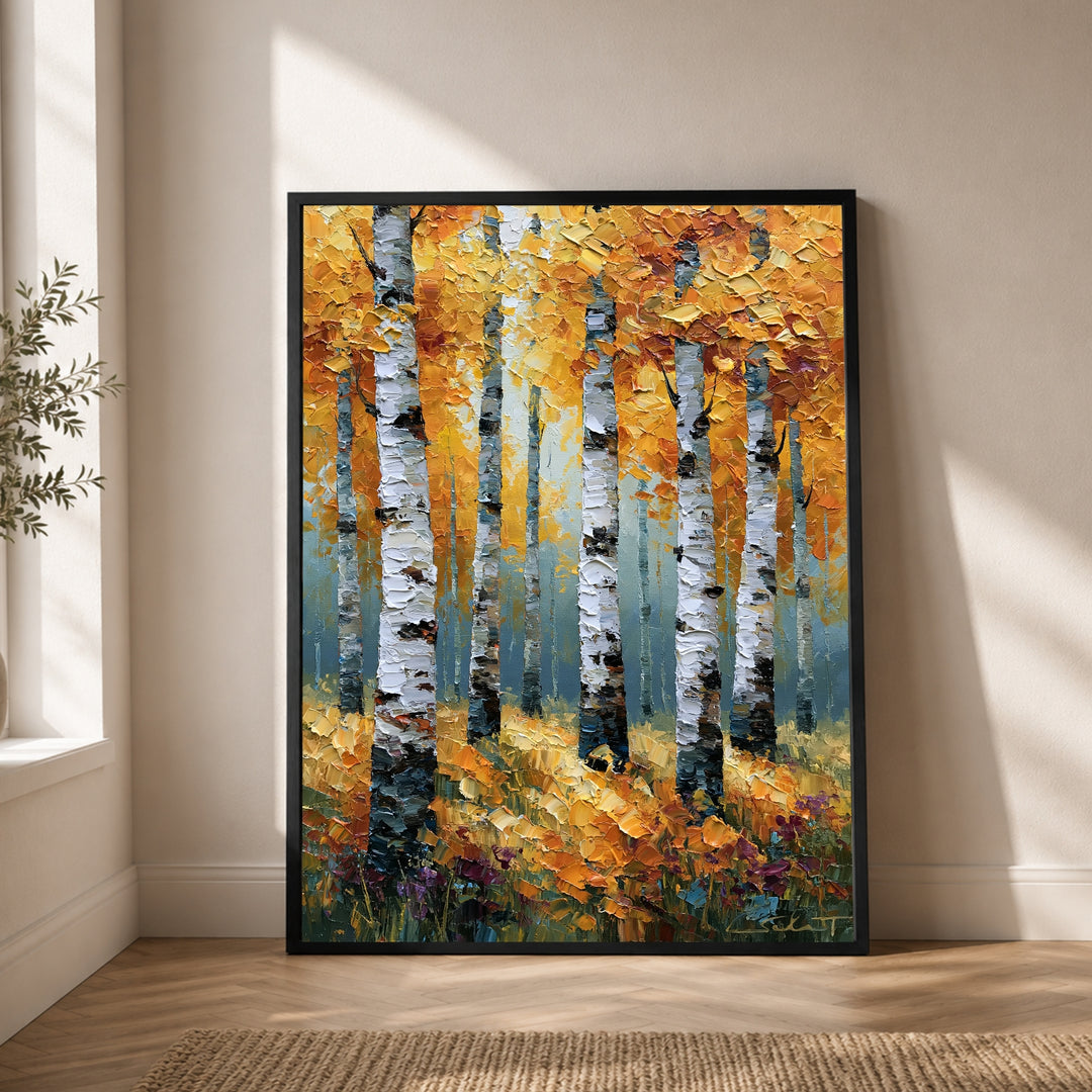 Goldener Birkenwald im Herbst Poster – Schwarzer Rahmen – Produktfoto