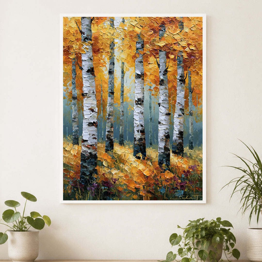 Goldener Birkenwald im Herbst Poster – Weißer Rahmen – Produktfoto