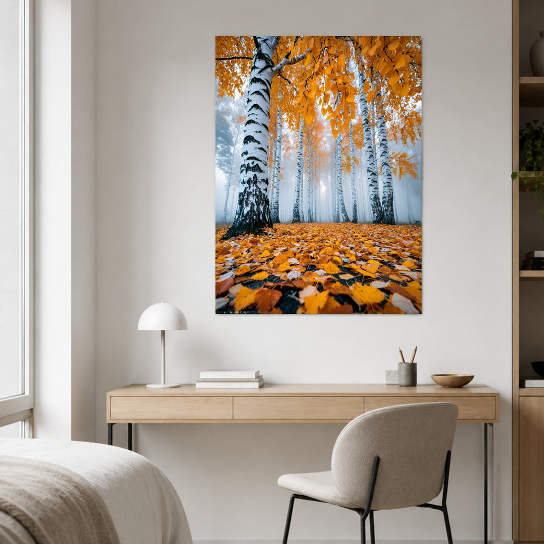 Goldener Birkenwald im Nebel Poster – Ohne Rahmen – Produktfoto