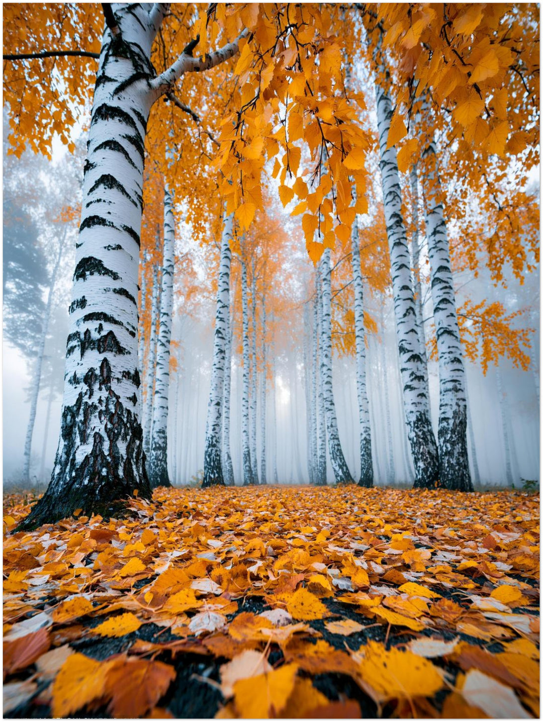 Goldener Birkenwald im Nebel Leinwandbild – Ohne Rahmen – Produktfoto