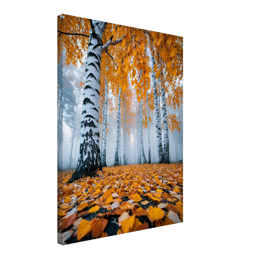 Goldener Birkenwald im Nebel Leinwandbild – Schräge Ansicht – Produktfoto