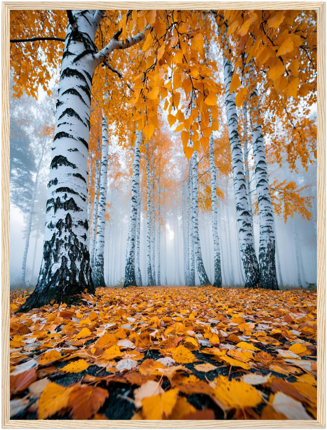 Goldener Birkenwald im Nebel Poster – Holz natur Rahmen – Produktfoto