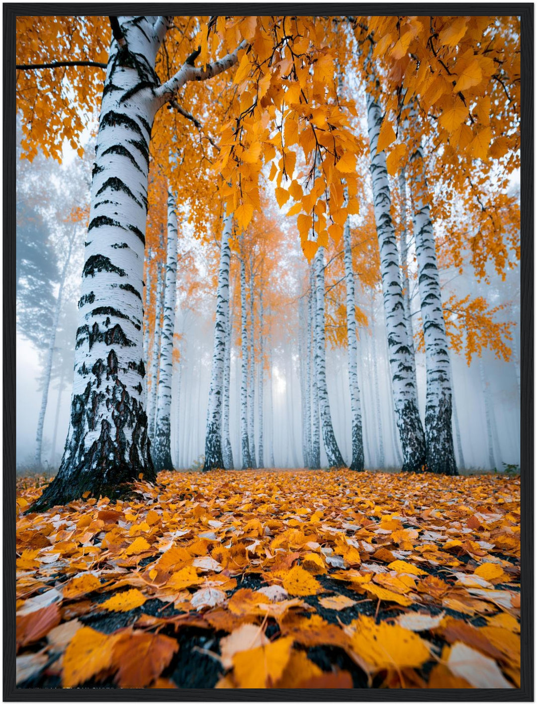 Goldener Birkenwald im Nebel Poster – Schwarzer Rahmen – Produktfoto