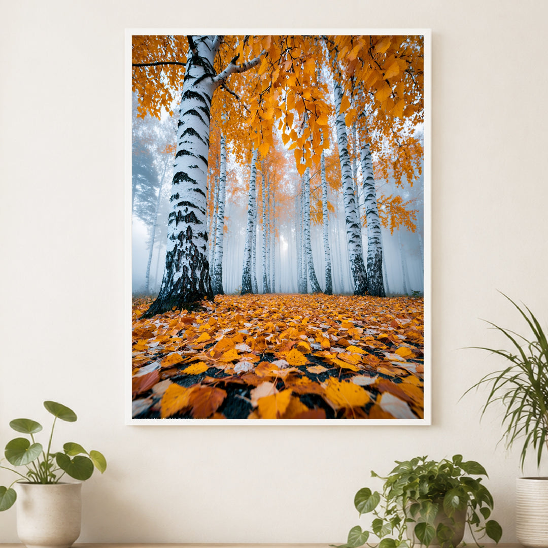 Goldener Birkenwald im Nebel Poster – Weißer Rahmen – Produktfoto