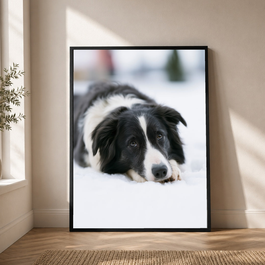 Border Collie im Schnee Poster – Schwarzer Rahmen – Produktfoto