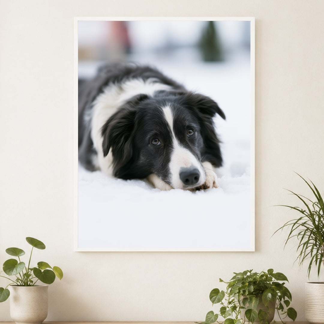 Border Collie im Schnee Poster – Weißer Rahmen – Produktfoto