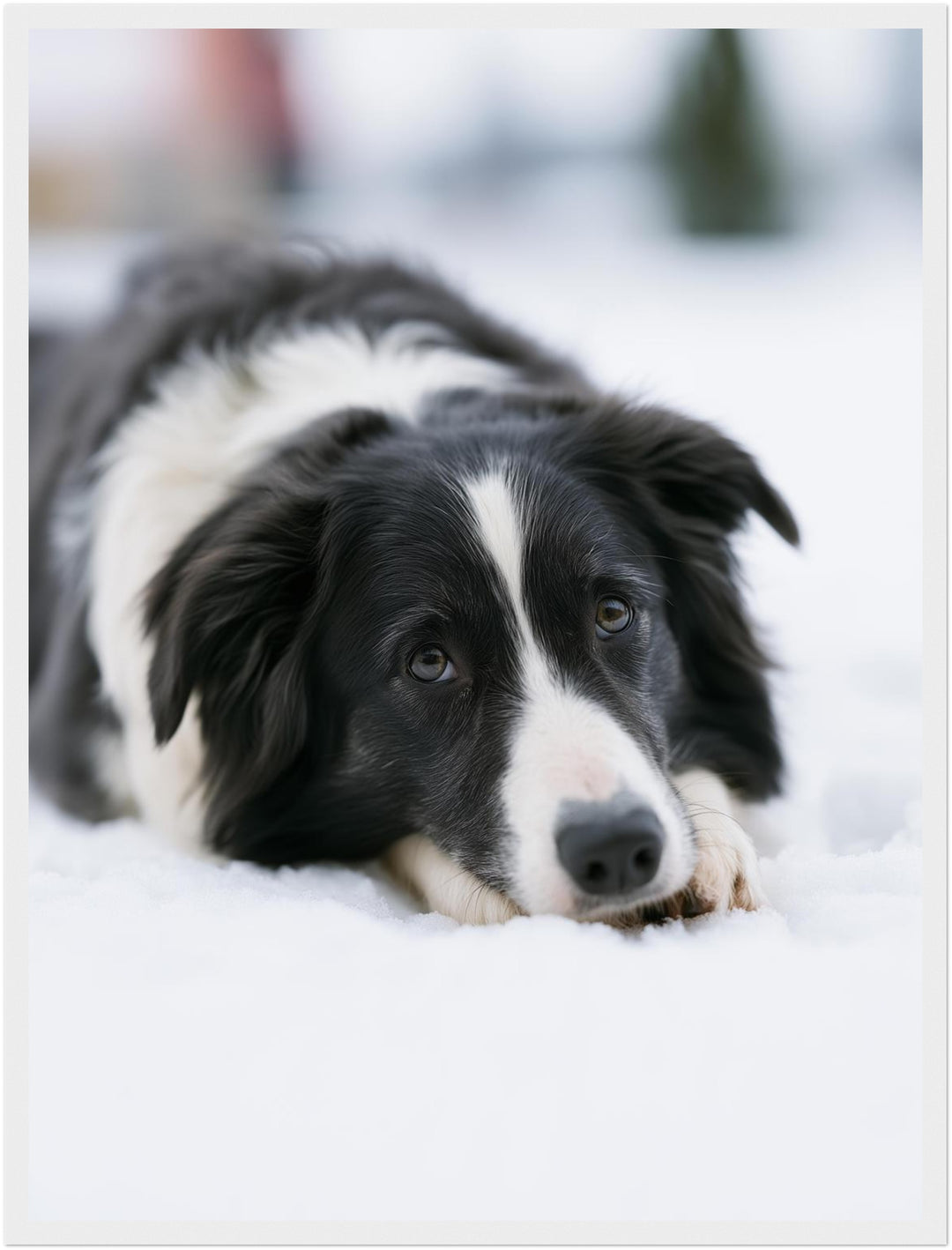 Border Collie im Schnee Poster – Weißer Rahmen – Produktfoto