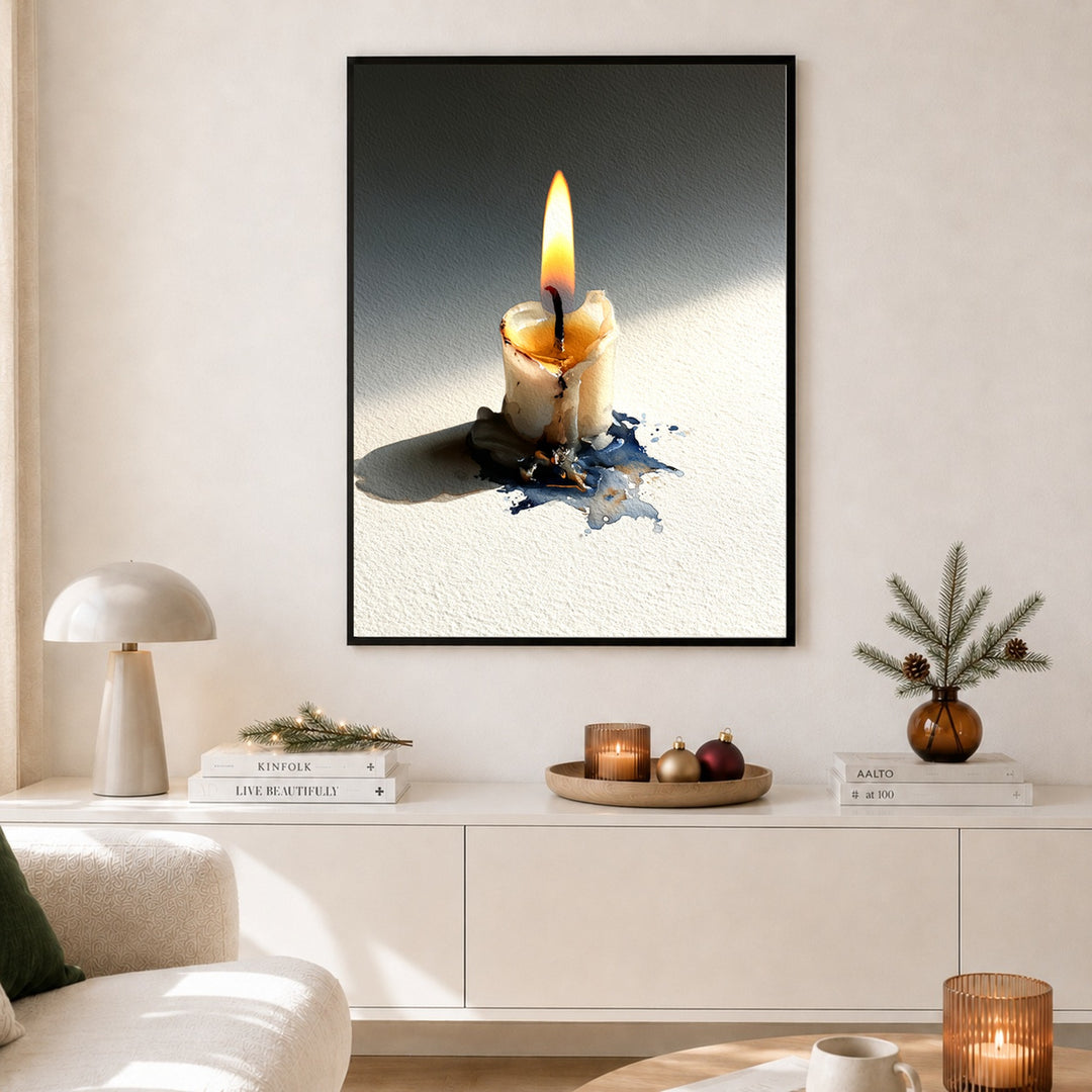 Brennende Kerze im Winter Poster – Schwarzer Rahmen – Produktfoto