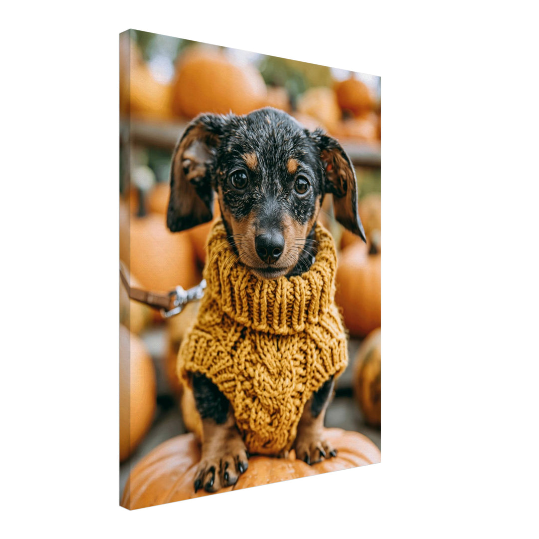 Dackel im Herbstgold Leinwandbild – Schräge Ansicht – Produktfoto
