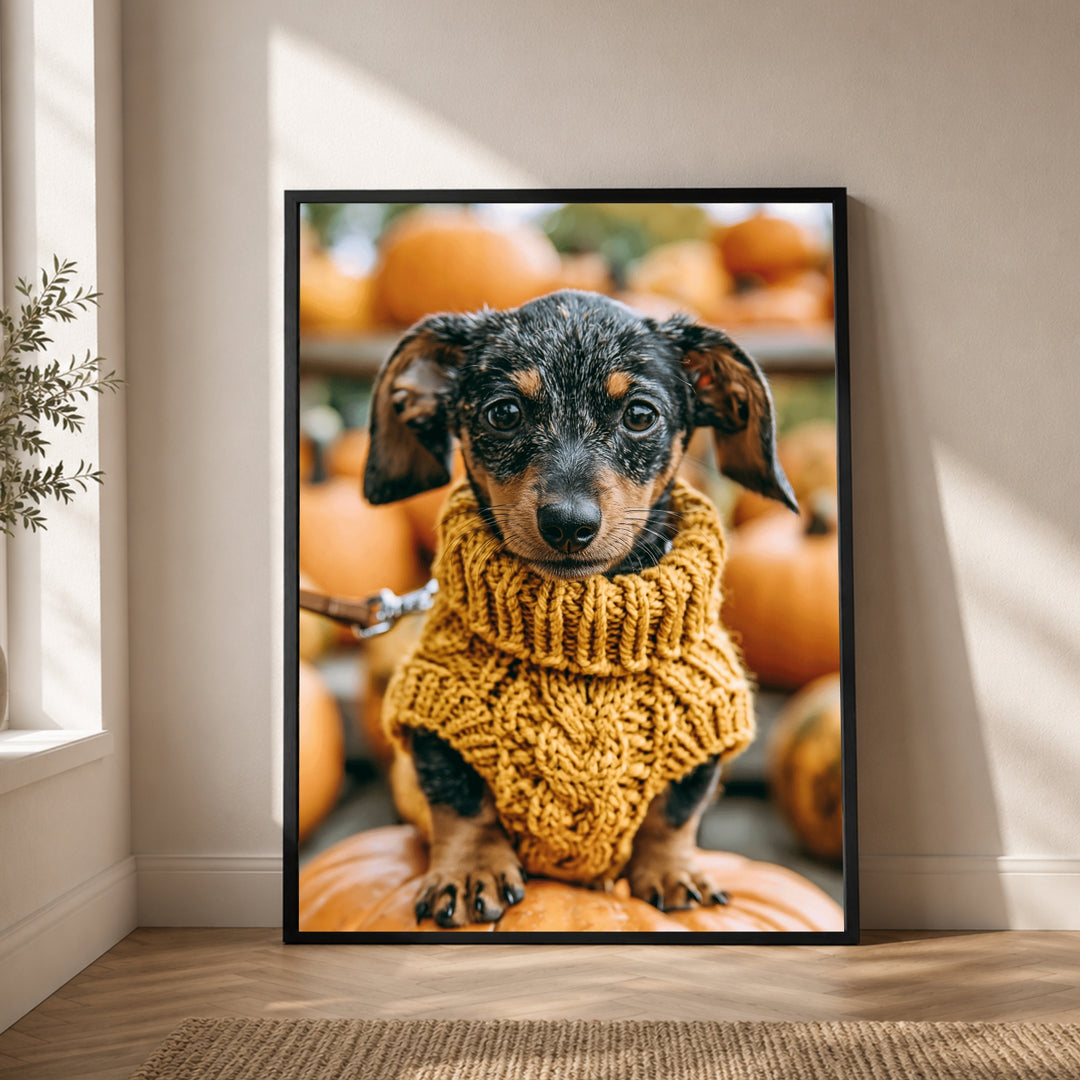 Dackel im Herbstgold Poster – Schwarzer Rahmen – Produktfoto