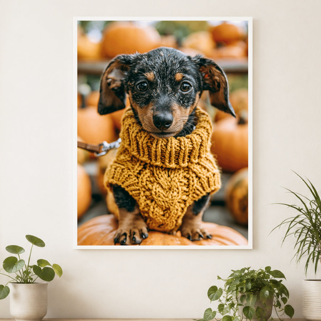Dackel im Herbstgold Poster – Weißer Rahmen – Produktfoto