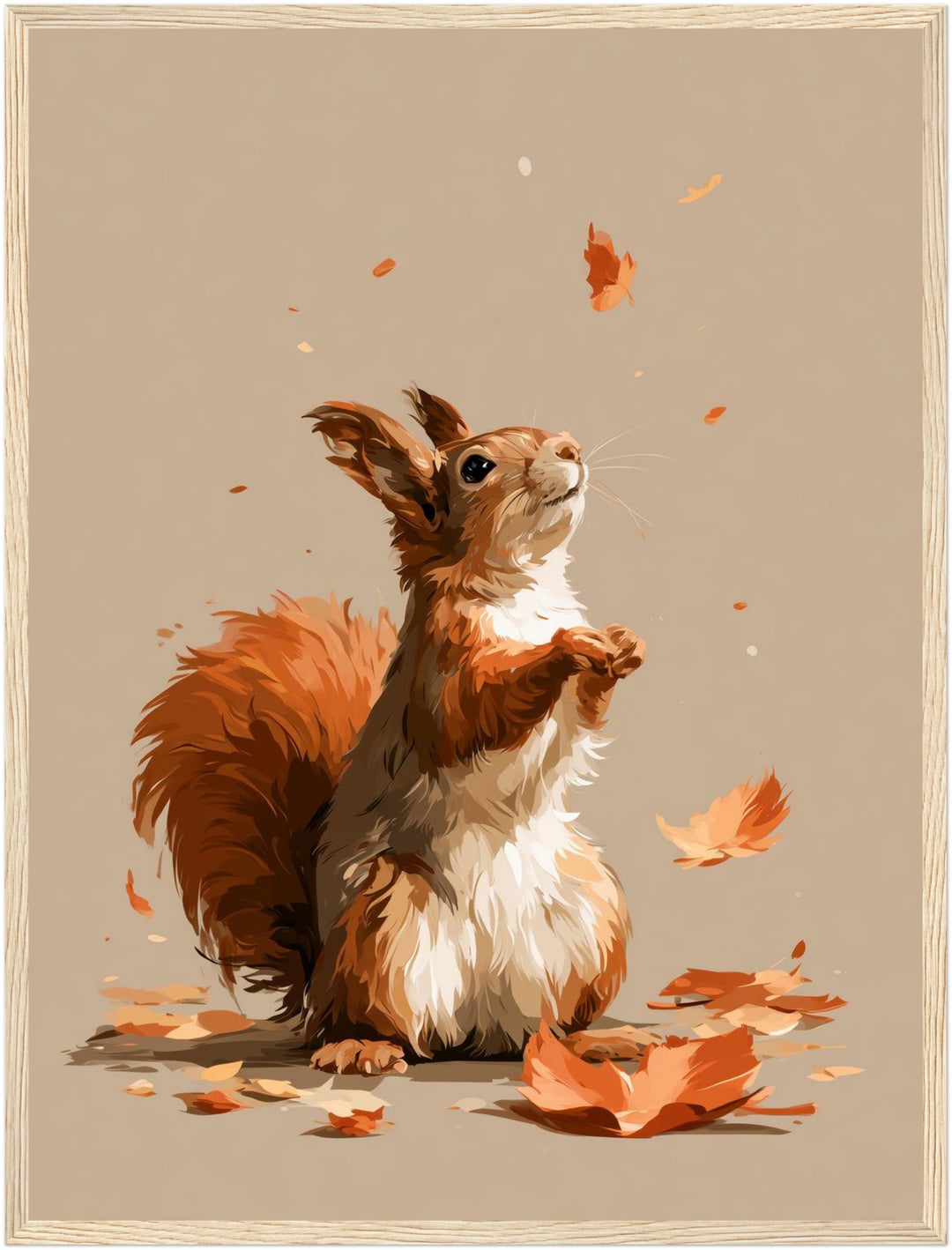 Eichhörnchen im Herbstwind Poster – Holz natur Rahmen – Produktfoto