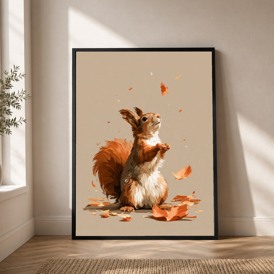 Eichhörnchen im Herbstwind Poster – Schwarzer Rahmen – Produktfoto