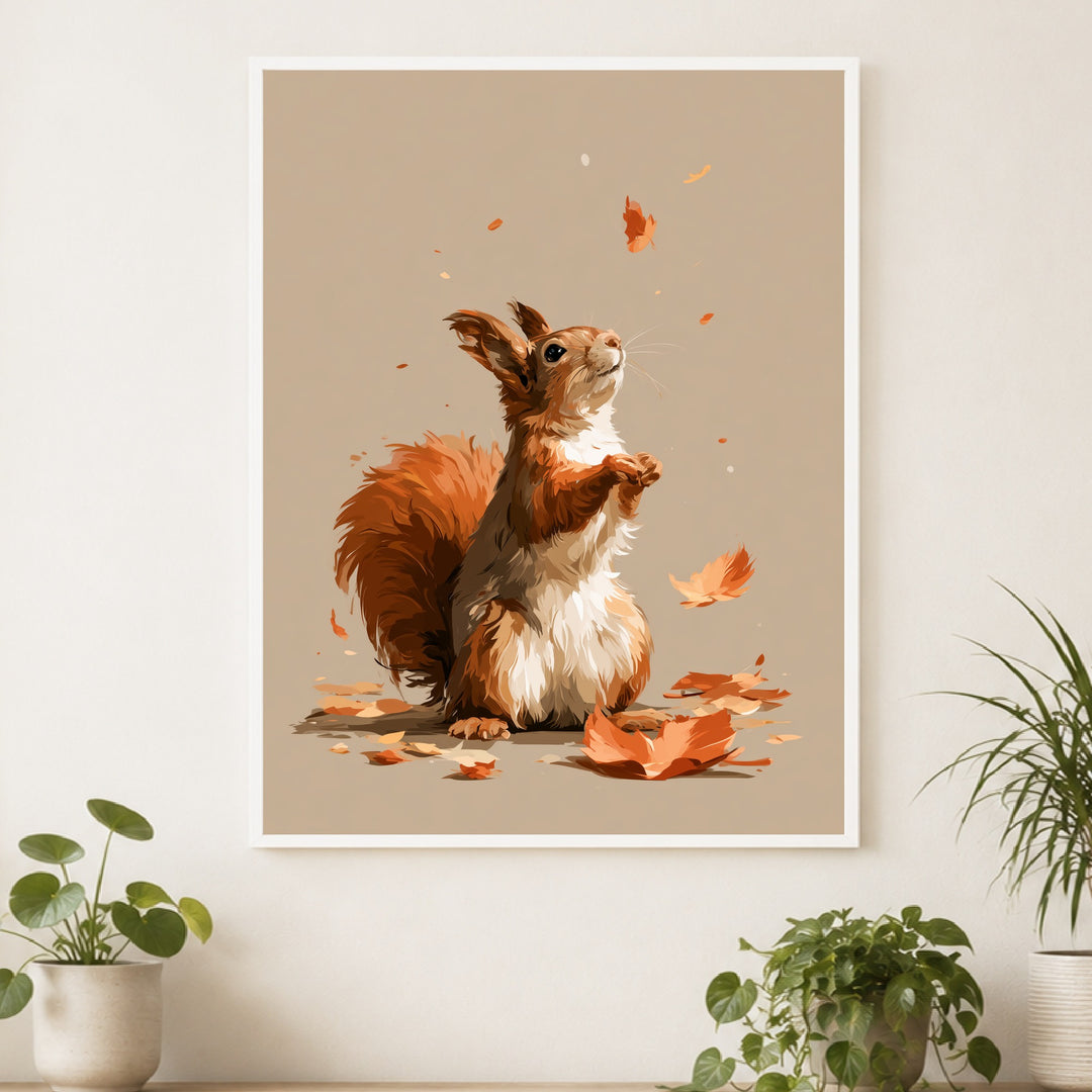 Eichhörnchen im Herbstwind Poster – Weißer Rahmen – Produktfoto