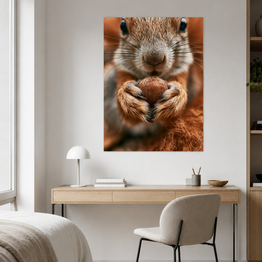 Eichhörnchen mit Haselnuss Leinwandbild – Ohne Rahmen – Produktfoto