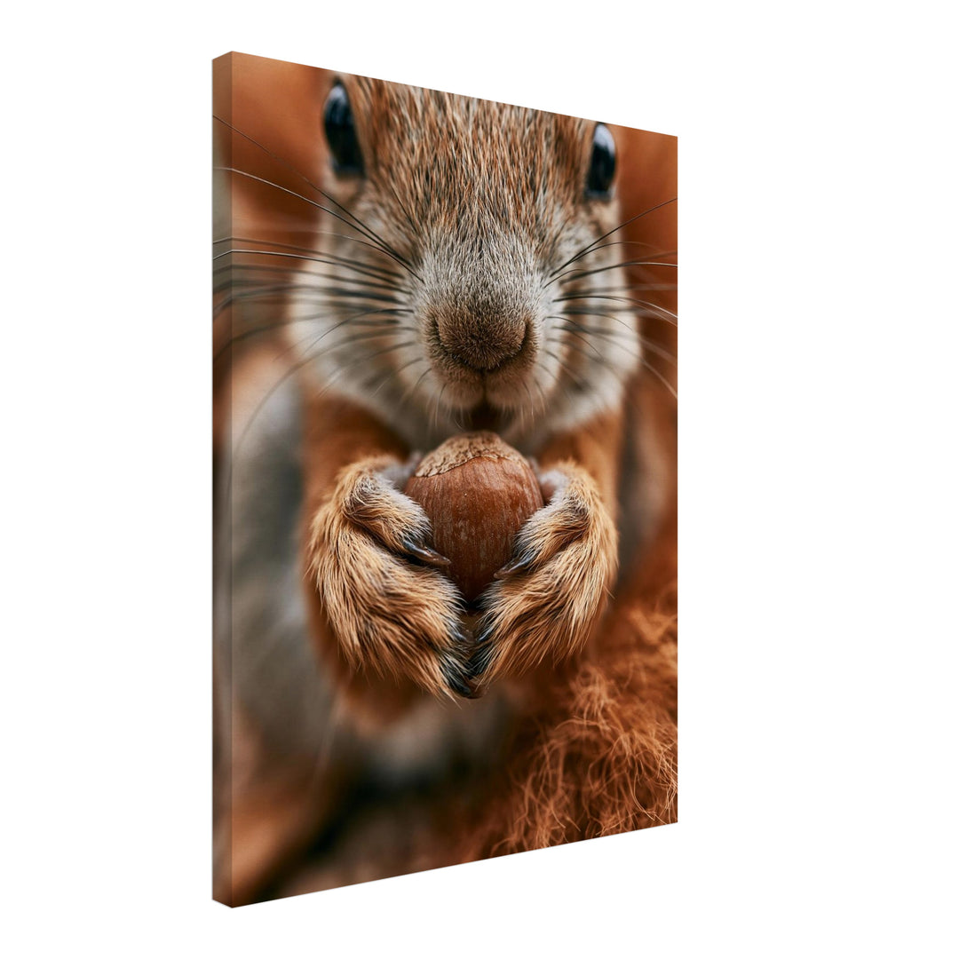 Eichhörnchen mit Haselnuss Leinwandbild – Schräge Ansicht – Produktfoto