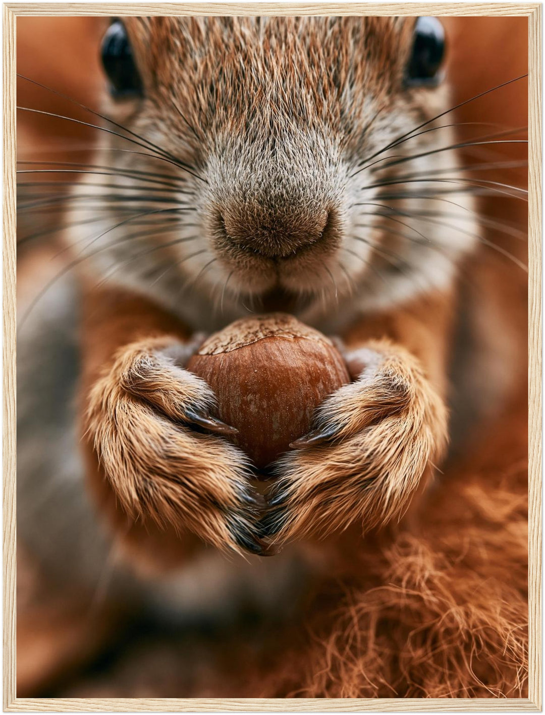 Eichhörnchen mit Haselnuss Poster – Holz natur Rahmen – Produktfoto