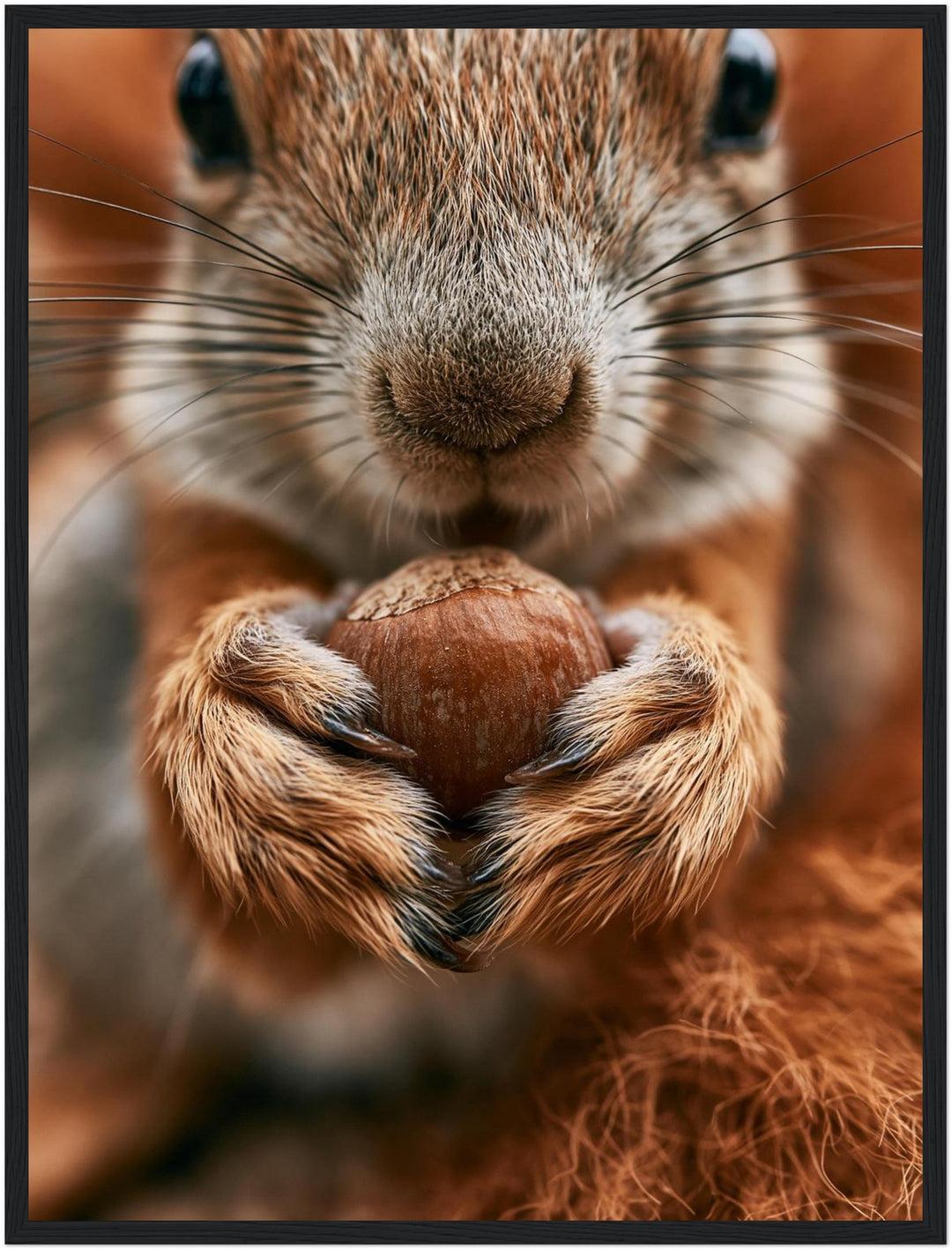Eichhörnchen mit Haselnuss Poster – Schwarzer Rahmen – Produktfoto