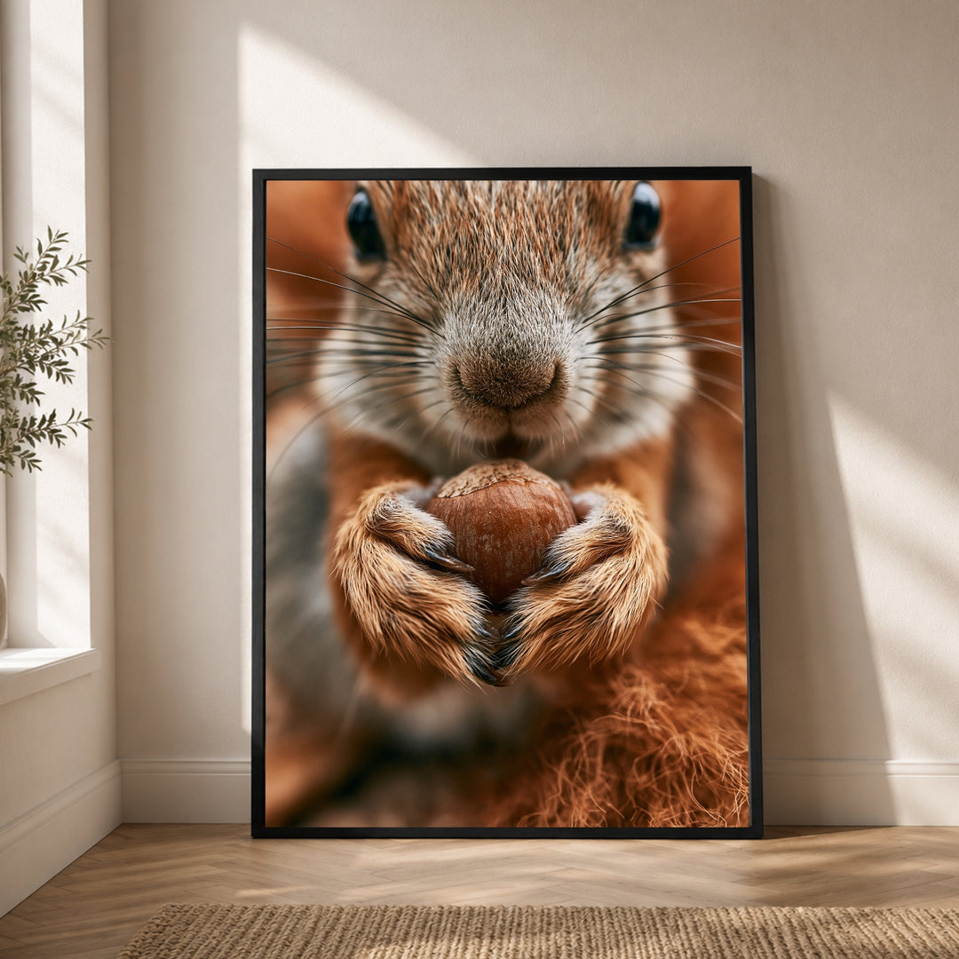 Eichhörnchen mit Haselnuss Poster – Schwarzer Rahmen – Produktfoto