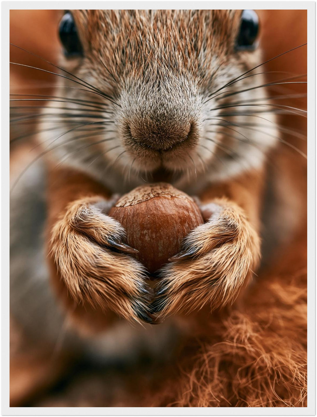 Eichhörnchen mit Haselnuss Poster – Weißer Rahmen – Produktfoto