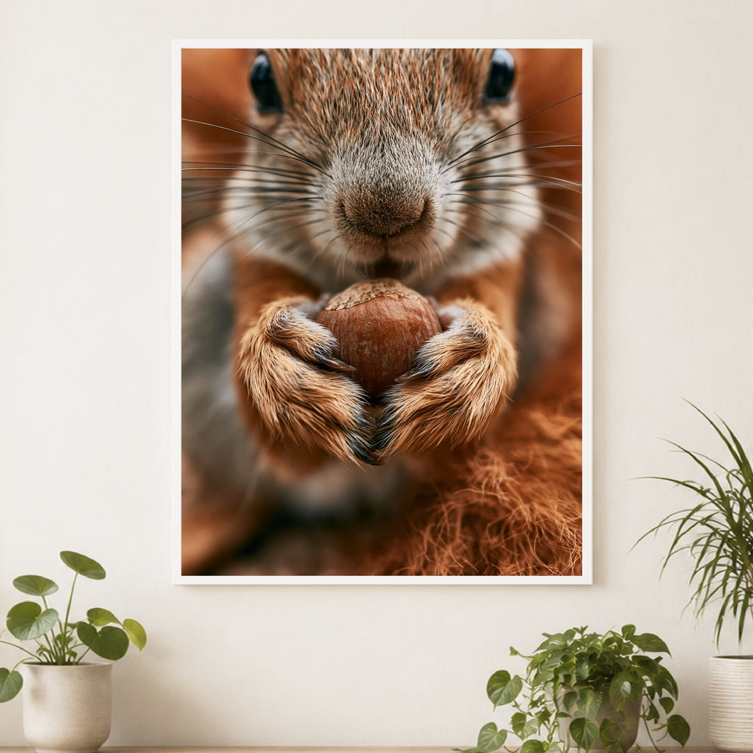 Eichhörnchen mit Haselnuss Poster – Weißer Rahmen – Produktfoto