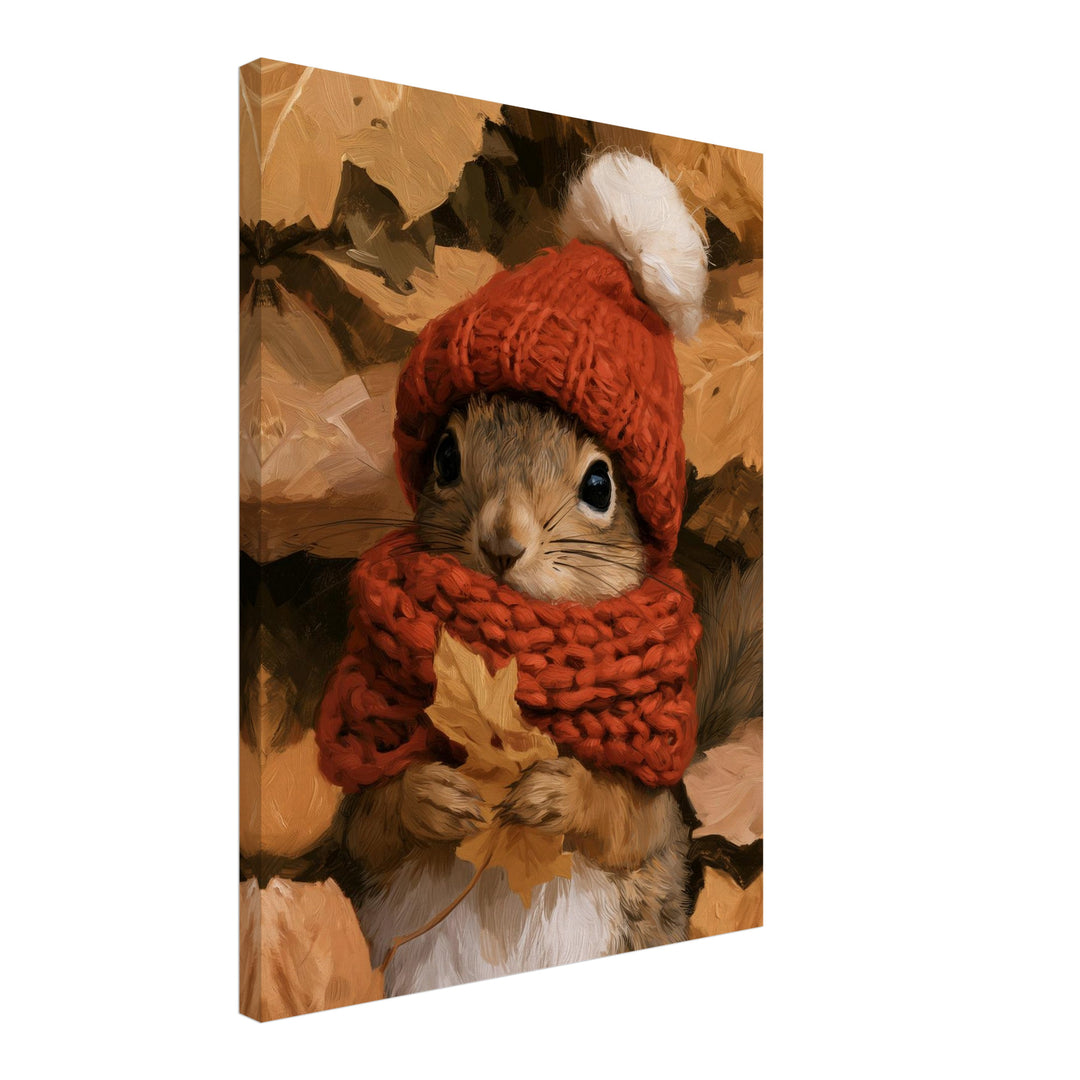 Eichhörnchen im Herbstlaub Leinwandbild – Schräge Ansicht – Produktfoto