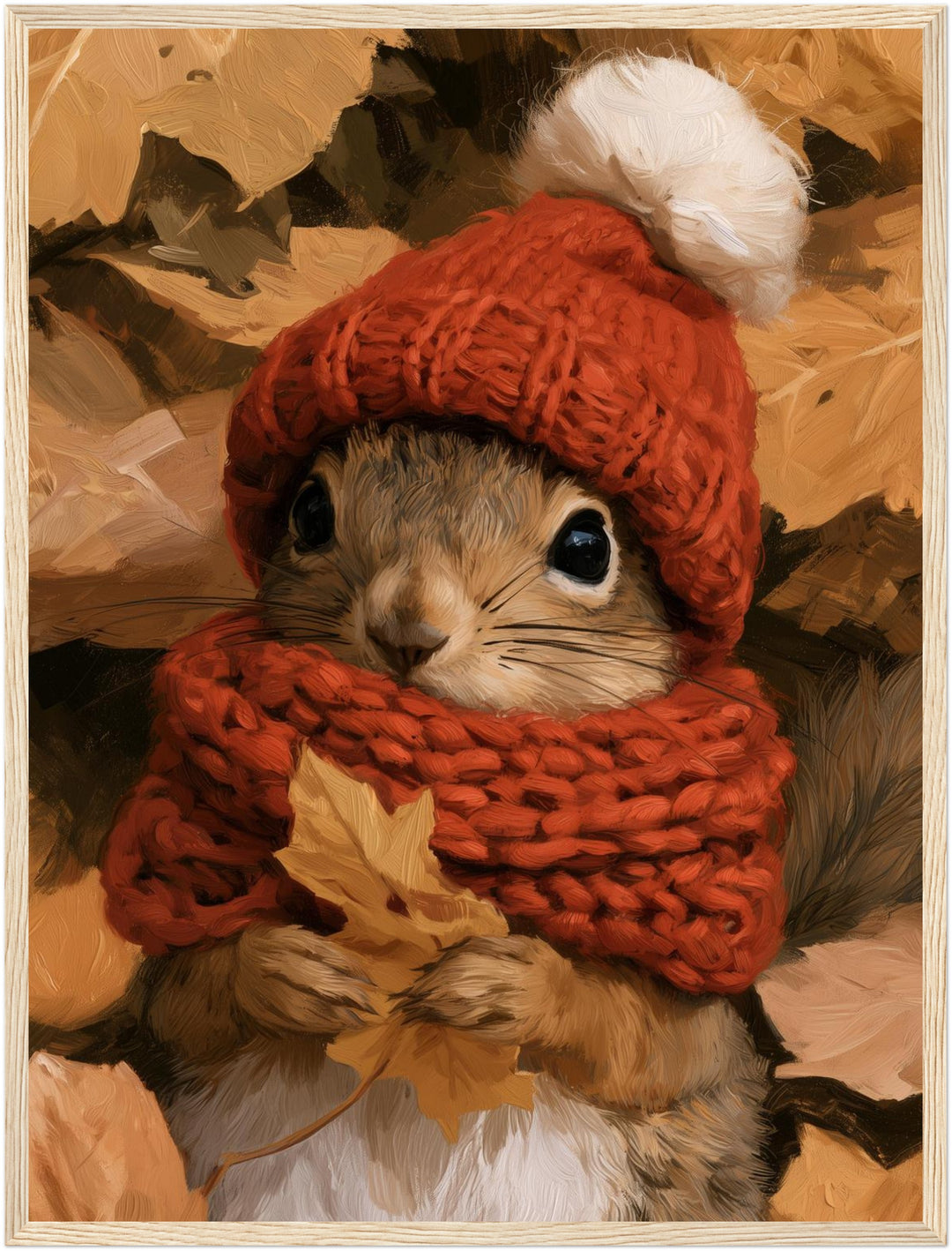 Eichhörnchen im Herbstlaub Poster – Holz natur Rahmen – Produktfoto