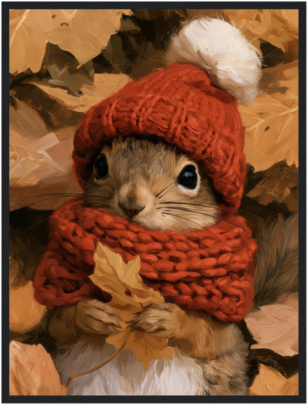 Eichhörnchen im Herbstlaub Poster – Schwarzer Rahmen – Produktfoto