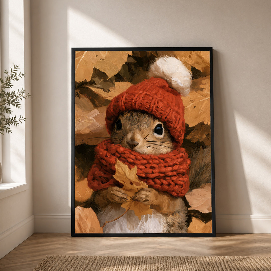 Eichhörnchen im Herbstlaub Poster – Schwarzer Rahmen – Produktfoto